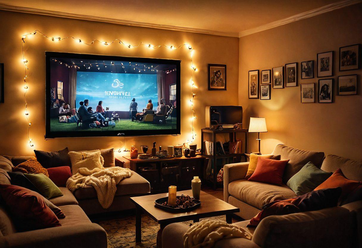 A cozy living room adorned with plush cushions and warm lighting, showcasing a vintage projector casting vibrant scenes from joyful mature movies on a wall. Include happy silhouettes of people enjoying the film experience, popcorn bowls overflowing, and soft fairy lights enhancing the cheerful aura. The overall atmosphere should radiate warmth, nostalgia, and joy. super-realistic. warm colors. soft focus.