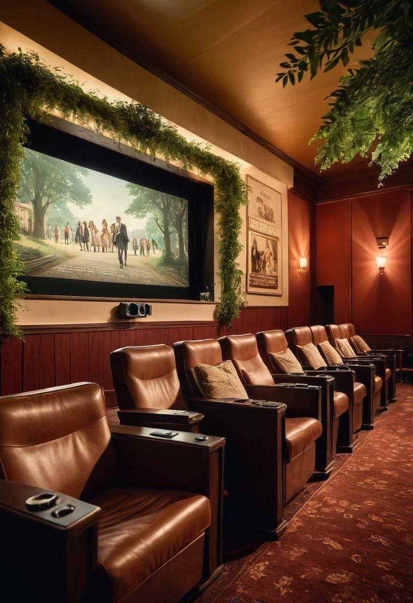 A serene movie theater scene showcasing a diverse audience deeply immersed in a classic film, with soft rays of light illuminating their expressions of joy and contemplation. Surround them with film reels and vintage posters that hint at the history of cinema. Include elements of nature such as greenery visible through the theater's windows to symbolize escape and leisure. soft focus, warm tones, nostalgic feel, cinematic lighting.