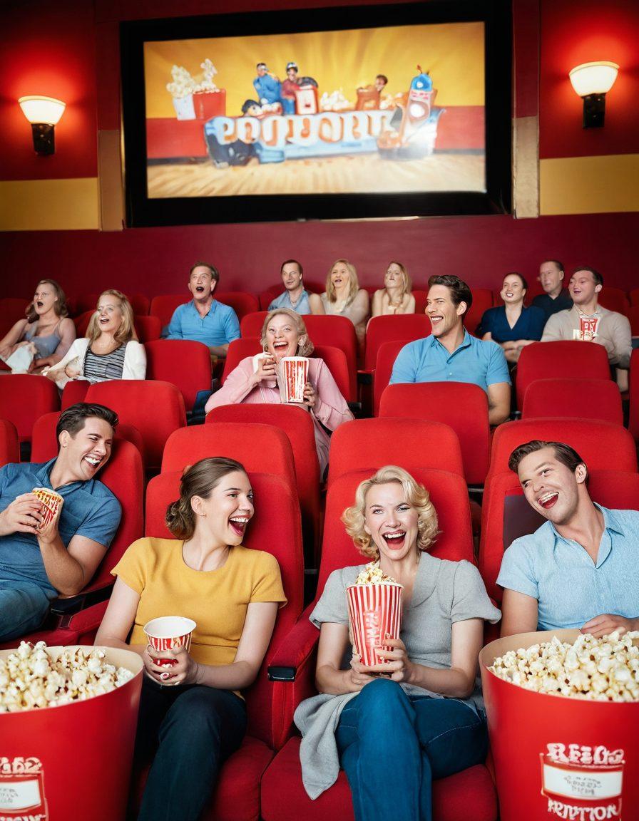 A whimsical cinema scene depicting a diverse group of cheerful adults enjoying classic mature films in a cozy, vintage theater. Soft golden light illuminates their faces filled with joy and laughter, surrounded by plush red seating and retro film posters. A giant popcorn bucket sits at the forefront, symbolizing leisure and contentment. The atmosphere should evoke nostalgia and warmth, blending vibrant colors with a touch of artistic flair. super-realistic. warm tones. vibrant colors.